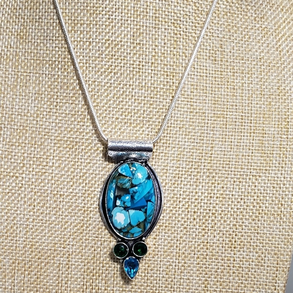 Turquoise necklace, 925 silver copper turquoise diopside chrome pendant necklace - Picture 2 of 13